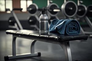 flaska och handduk saker för sporter i de kondition Gym illustration generativ ai foto