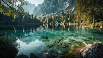 fantastisk berg sjö i triglav nationell parkera. belägen i de bohinj dal av de julian alperna. dramatisk ovanlig scen. Slovenien, Europa. skönhet värld. generativ ai. foto