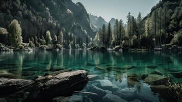 fantastisk berg sjö i triglav nationell parkera. belägen i de bohinj dal av de julian alperna. dramatisk ovanlig scen. Slovenien, Europa. skönhet värld. generativ ai. foto