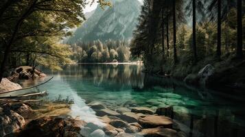 fantastisk berg sjö i triglav nationell parkera. belägen i de bohinj dal av de julian alperna. dramatisk ovanlig scen. Slovenien, Europa. skönhet värld. generativ ai. foto