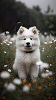 hund av de samojed ras sitter mot de bakgrund av en blomning äng. Lycklig hund. generativ ai foto