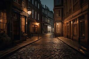 natt stad se traditionell timmer inramade byggnader på både sidor av kullersten gata i gammal stad. generativ ai. foto