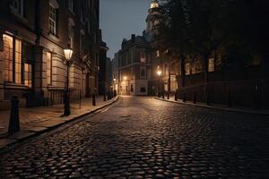 natt stad se traditionell timmer inramade byggnader på både sidor av kullersten gata i gammal stad. generativ ai. foto