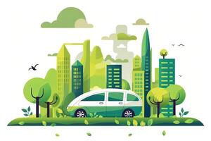 grön ekologi stad med miljö bil. spara de värld och energi begrepp. illustration i platt stil modern design. generativ ai. foto
