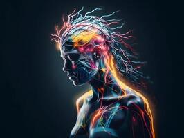 overkligt mänsklig med transparent hjärna ansluten med neuralänk chip cyberpunk stil, ai genererad foto