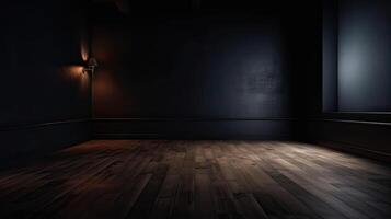 klassisk svart tömma interiör med vägg paneler, lister och trä- golv. generativ ai. foto