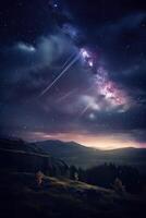 meteorit i de himmel. en ljus meteor mot de bakgrund av stjärnor. en skön faller stjärna. generativ ai. foto