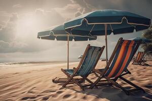 strand stolar på de vit sand strand med molnig blå himmel och Sol. stolar och paraply på en skön tropisk strand. generativ ai. foto