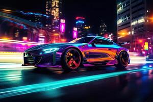 trogen sporter bil på neon motorväg. kraftfull acceleration av en superbil på en natt Spår med färgrik lampor och stigar. 3d illustration. generativ ai. foto