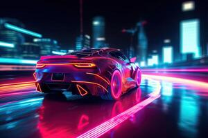 trogen sporter bil på neon motorväg. kraftfull acceleration av en superbil på en natt Spår med färgrik lampor och stigar. 3d illustration. generativ ai. foto