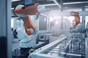 industriell maskin robot, smart modern fabrik automatisering använder sig av Avancerad maskiner, industriell 4.0 tillverkning bearbeta foto