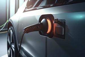 stänga upp laddning ett elektrisk bil batteri, ny innovativ teknologi ev elektrisk fordon foto