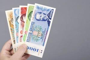 tjeckoslovakiska kronor i de hand på en grå bakgrund foto