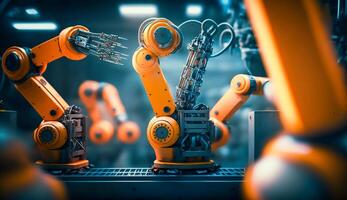 industriell maskin automatisk robot ärm, smart modern fabrik automatisering använder sig av Avancerad maskiner, industriell 4.0 tillverkning bearbeta, generativ ai foto