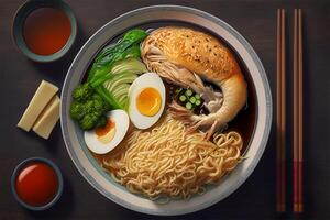 japansk Ramen skål varm eras med matpinne på tabell. generativ ai illustration. foto