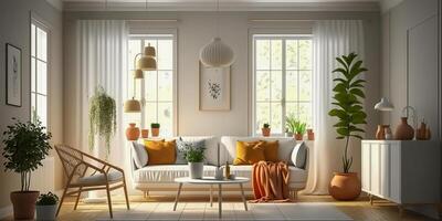 mysigt modern stil levande rum med solljus lyser in i de rum. minimalism interiör design 3d framställa. generativ ai. foto