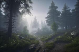 skog i dimma. landskap. generativ ai. foto
