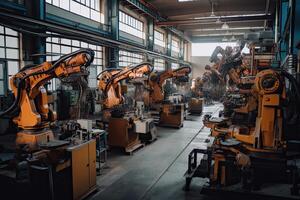 robot vapen på de hopsättning linje. automatiserad transportband på fabrik. skapas med generativ ai foto