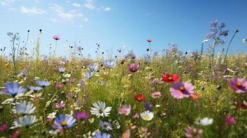 färgrik blommor i en äng på en solig sommar dag, vackert äng med vallmo och Övrig vild foto