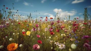 färgrik blommor i en äng på en solig sommar dag, vackert äng med vallmo och Övrig vild foto