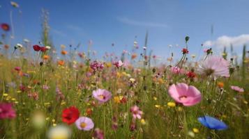 färgrik blommor i en äng på en solig sommar dag, vackert äng med vallmo och Övrig vild foto