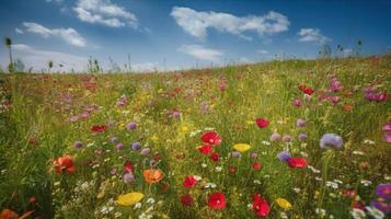 färgrik blommor i en äng på en solig sommar dag, vackert äng med vallmo och Övrig vild foto