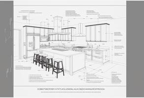 arkitektonisk teckning med falsk text och beskrivningar av en beställnings- kök - generativ ai. foto