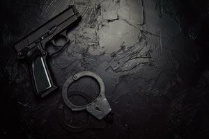 pistol och handbojor på svart texturerat bord foto