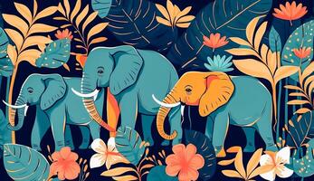 elefant med modern färgrik tropisk blommig mönster. hand dragen illustration, generativ ai foto