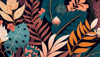 modern färgrik tropisk blommig mönster. hand dragen illustration, generativ ai foto