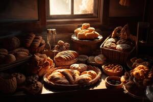 bageri interiör med visa räknare full av härlig bröd och bakverk. affär en konditori eller bageri med croissanter, äpple pajer, våfflor, och churros. nyligen bakad bakverk. generativ ai foto