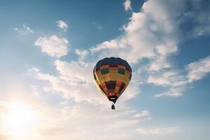 färgrik varm luft ballong flygande på himmel på solnedgång. resa och luft transport begrepp. generativ ai. foto