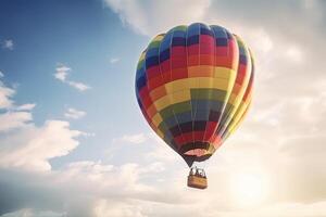 färgrik varm luft ballong flygande på himmel på solnedgång. resa och luft transport begrepp. generativ ai. foto