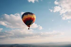 färgrik varm luft ballong flygande på himmel på solnedgång. resa och luft transport begrepp. generativ ai. foto