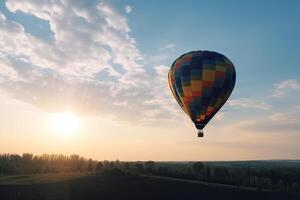 färgrik varm luft ballong flygande på himmel på solnedgång. resa och luft transport begrepp. generativ ai. foto