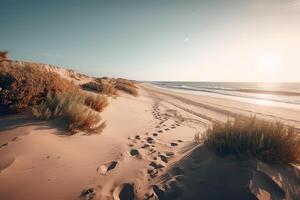 Fantastisk strand med ändlös horisont och spår på de sand. generativ ai. foto