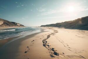 Fantastisk strand med ändlös horisont och spår på de sand. generativ ai. foto