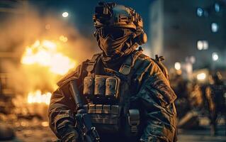 professionell soldat klädd i skyddande enhetlig mot brand. soldat i enhetlig av särskild krafter i en farlig militär verkan i en farlig fiende område. obefintlig person. generativ ai. foto
