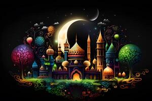eid mubarak hälsning fantasi kort design med 3d framställa moskén. illustration design förbi generativ ai. foto