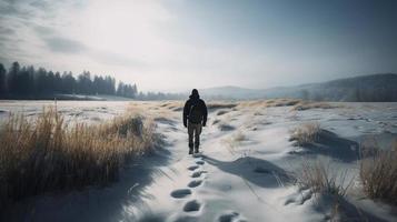 vandrare med ryggsäck gående på snöig spår i vinter- berg. resa och äventyr koncept.vinter landskap foto