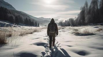 vandrare med ryggsäck gående på snöig spår i vinter- berg. resa och äventyr koncept.vinter landskap foto