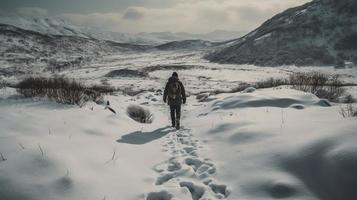 vandrare med ryggsäck gående på snöig spår i vinter- berg. resa och äventyr koncept.vinter landskap foto