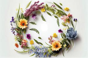 blommor sammansättning. krans tillverkad av olika färgrik blommor på vit bakgrund foto