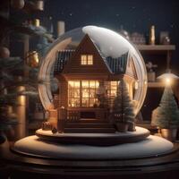 glad jul snö klot med en hus på snöfall vinter- bakgrund. 3d illustration. skapas med generativ ai. foto