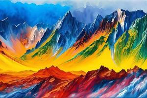 vatten Färg eller olja målning bra konst illustration av abstrakt färgrik panorama- berg och natur skriva ut digital konst. foto