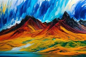 vatten Färg eller olja målning bra konst illustration av abstrakt färgrik panorama- berg och natur skriva ut digital konst. foto