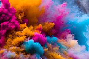 explosion av färgad pulver abstrakt färgad bakgrund. Flerfärgad stänk av partiklar festival av färger pulver brista exploderande och stänk pulver. helig festival. foto