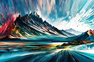 samtida akryl målning bra konst illustration av abstrakt naturlig panorama- landskap berg konstnärlig skriva ut digital konst. olja målning vattenfärg målning. foto