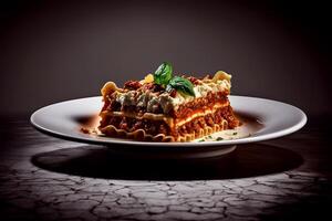 gourmet lasagne på vit tallrik och mörk bakgrund. generativ ai. foto