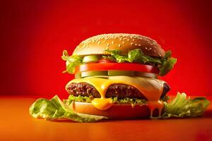 kommersiell Foto av burger med smält ost och färgrik röd bakgrund. studio skott. generativ ai.